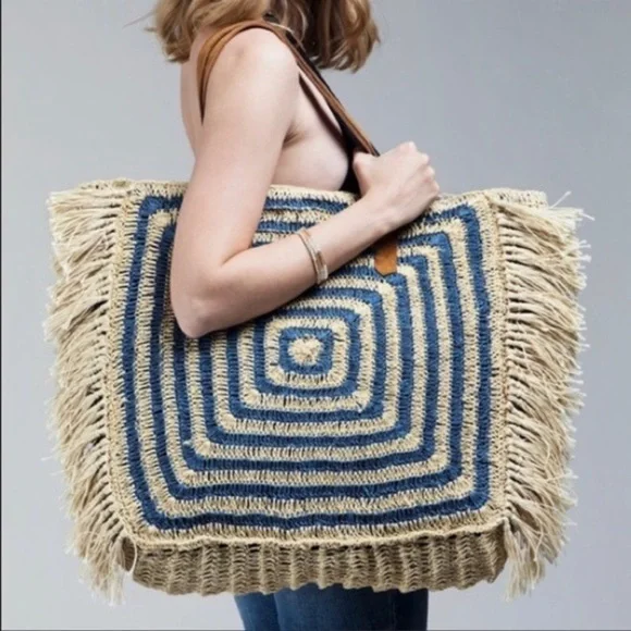 LAST 2–Oversized Square Jute Tote-DENIM - Picture 1 of 7
